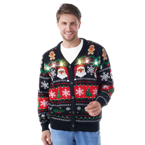 Giggling Getup Men’s Light-Up Christmas Cardigan – Black
