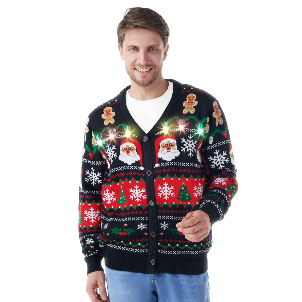 Giggling Getup Men’s Light-Up Christmas Cardigan – Black