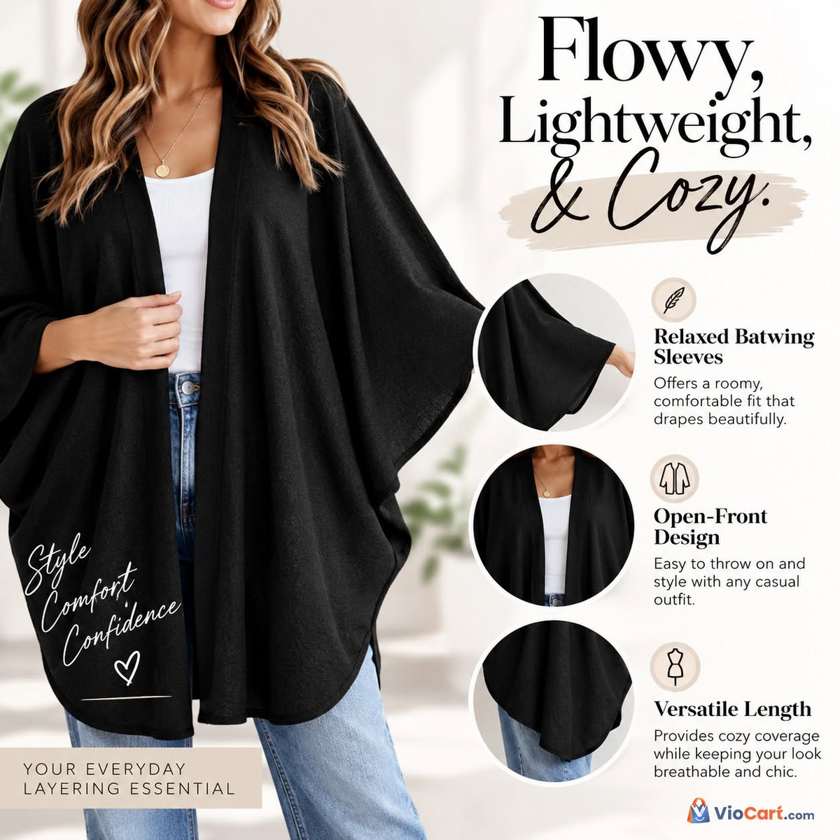 Black cardigan batwing sleeves and open-front design