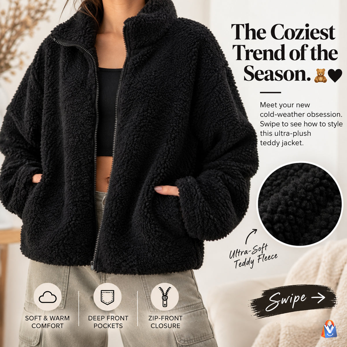 Women's teddy fleece zip-up jacket with front pockets